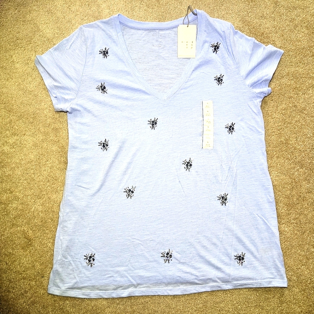 Blue V-Neck Tee / Blue Beaded T-shirt